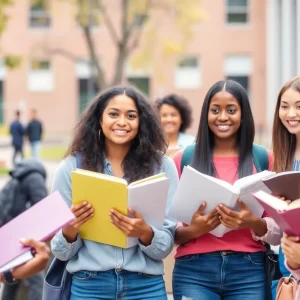 Diverse group of international students studying at a university campus