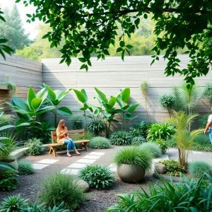 Community members discussing ideas in a tranquil garden setting