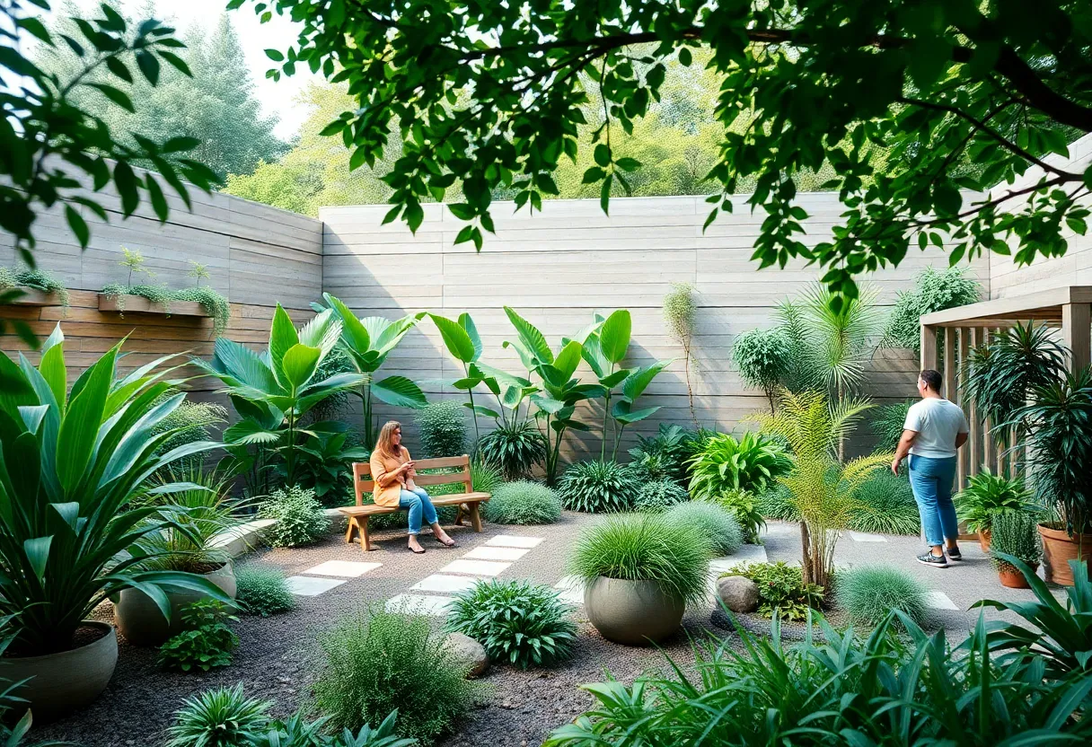 Community members discussing ideas in a tranquil garden setting