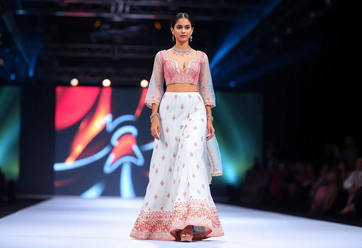 Model showcasing a white lehenga at a fashion show.