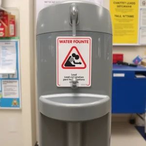 Water fountain in school with lead contamination warning sign