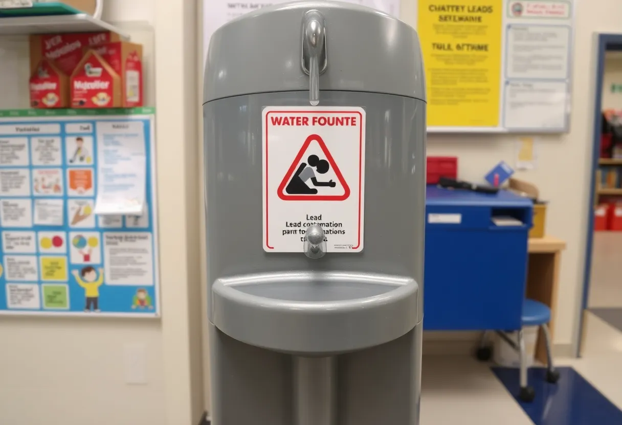 Water fountain in school with lead contamination warning sign