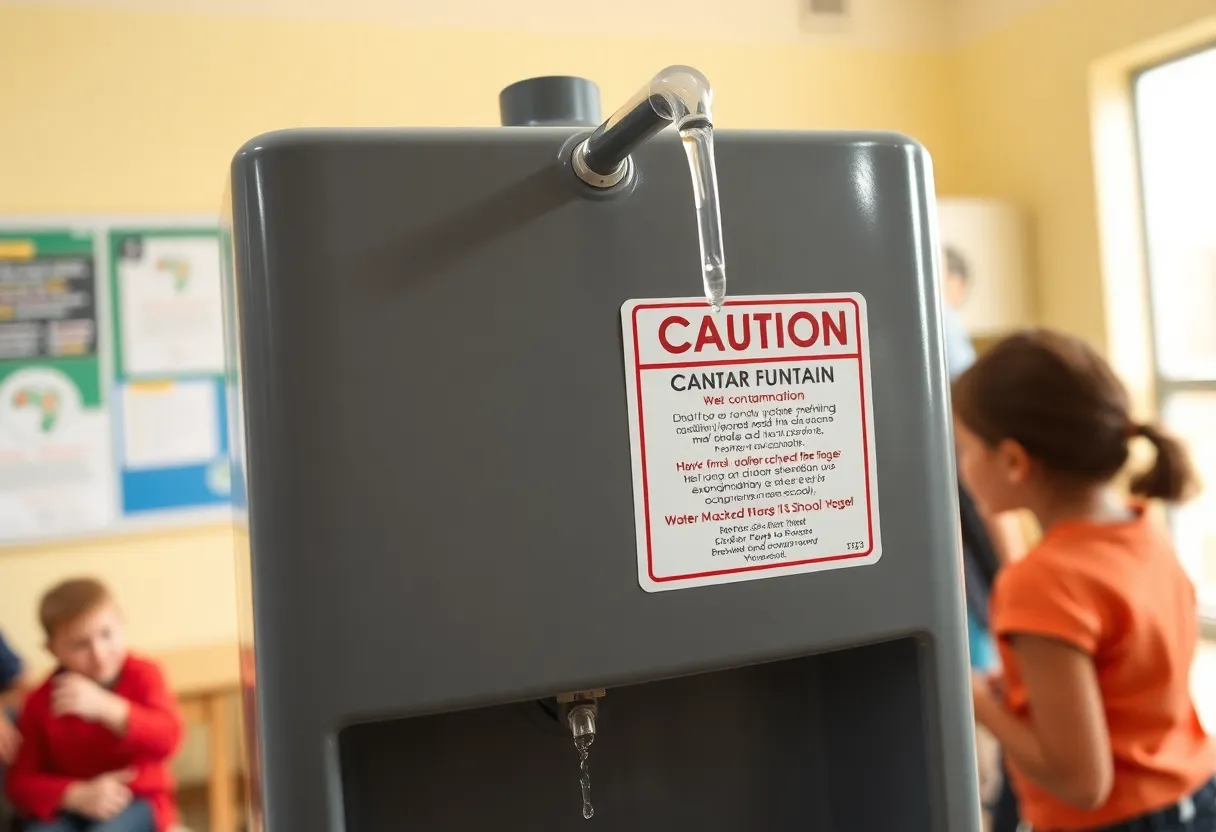 Caution sign by a school water fountain indicating lead contamination