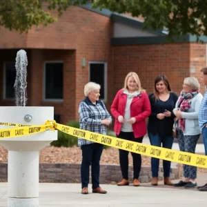 School water fountain with caution tape and parents discussing lead concerns