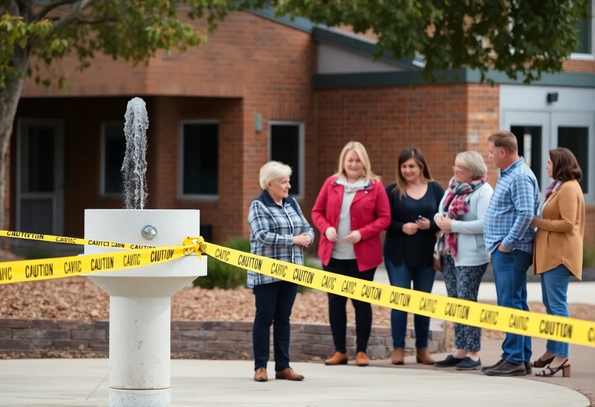 School water fountain with caution tape and parents discussing lead concerns