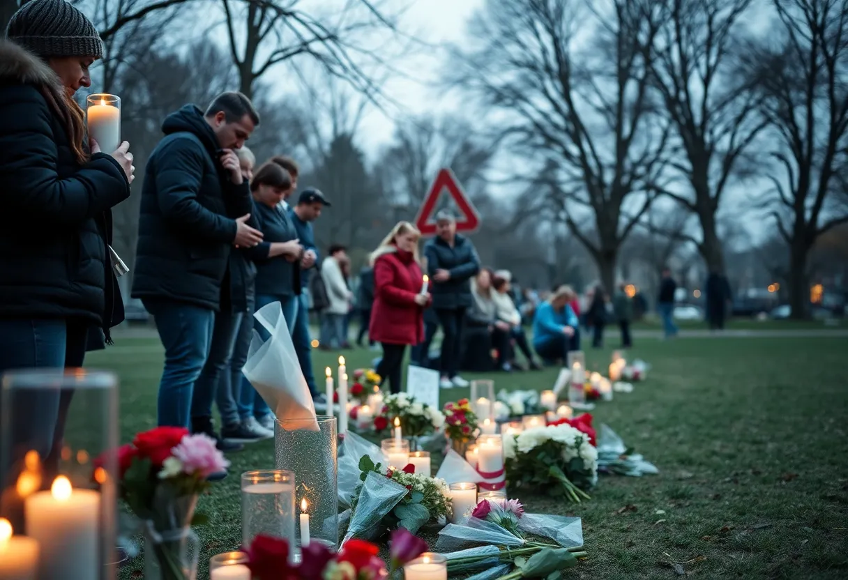 Community memorial at a park in Memphis with candles and flowers