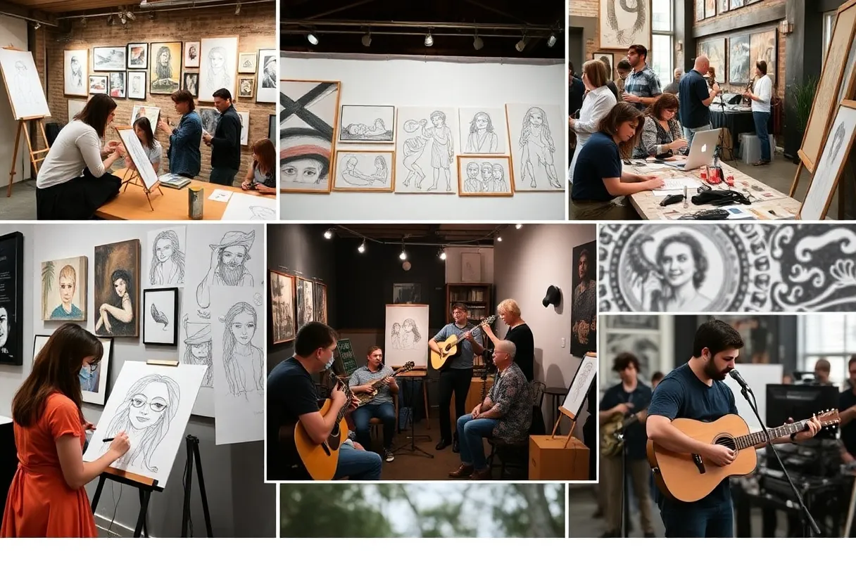 A collage representing artistic events in Memphis, including drawings, exhibits, and performances.