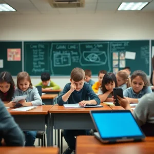 Students learning in a classroom environment without cell phones or electronic devices