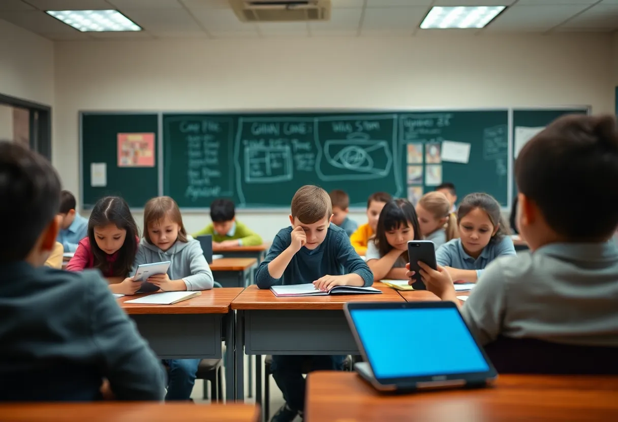 Students learning in a classroom environment without cell phones or electronic devices