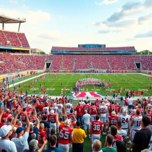 Crowd of Memphis college football fans cheering in a stadium
