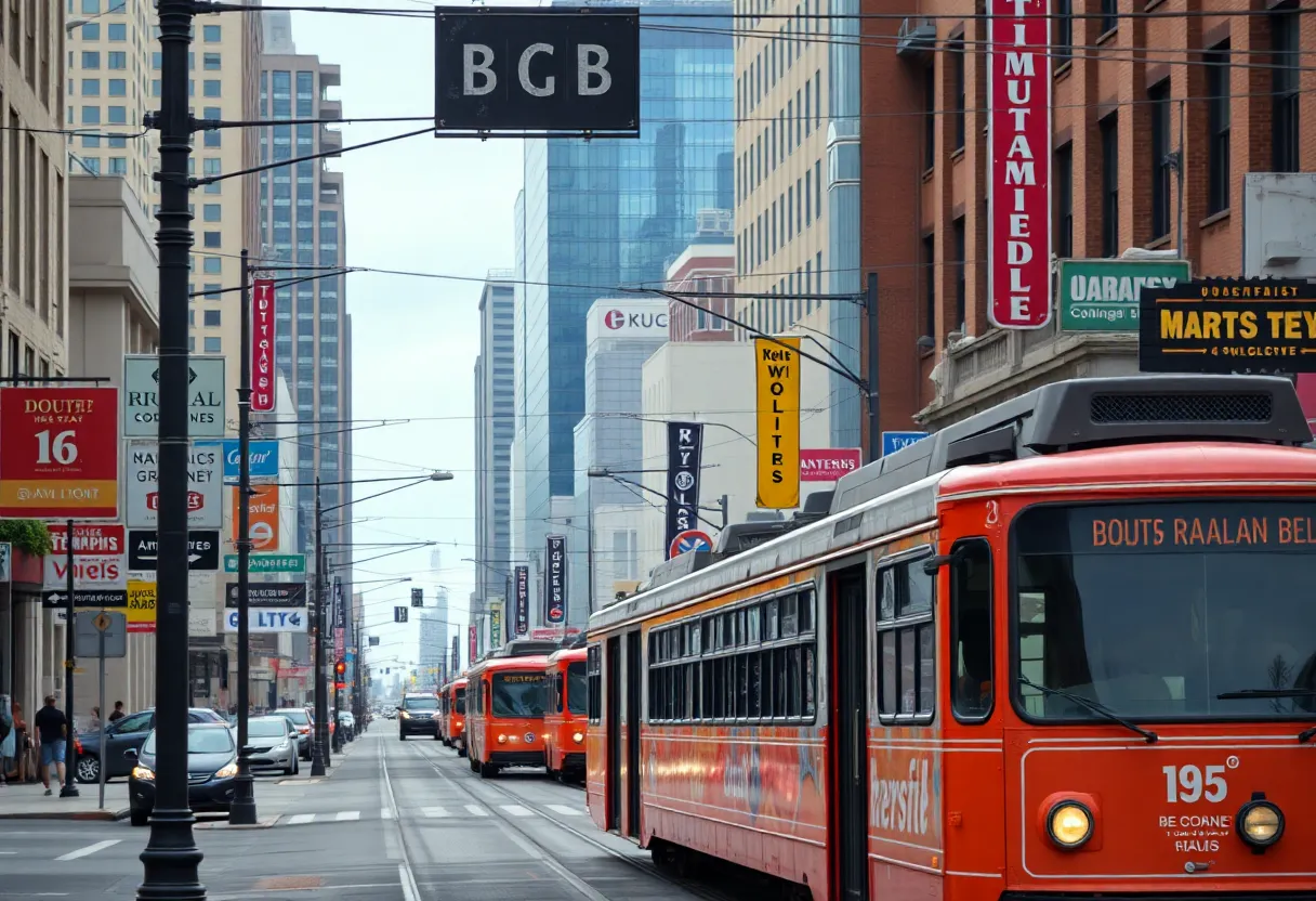 Downtown Memphis with trolleys and local businesses