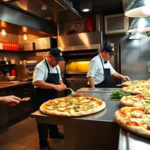 Pizzas being prepared in a Memphis restaurant during the March Madness competition.