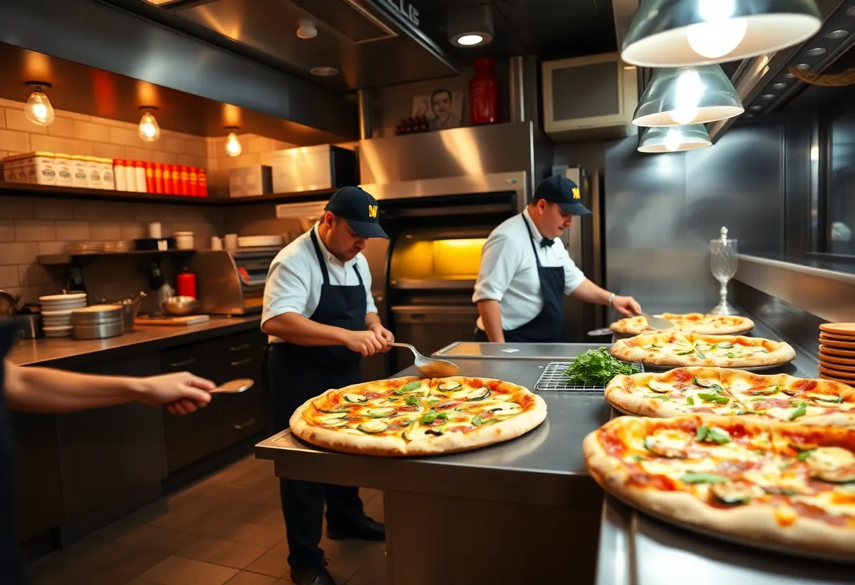 Pizzas being prepared in a Memphis restaurant during the March Madness competition.