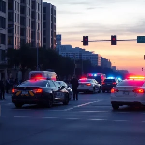 Emergency services at a car crash scene involving police vehicles