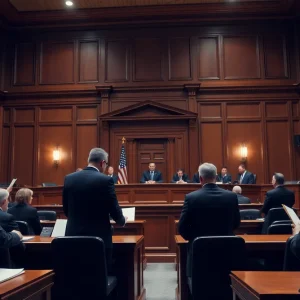 Courtroom scene showing a trial in progress