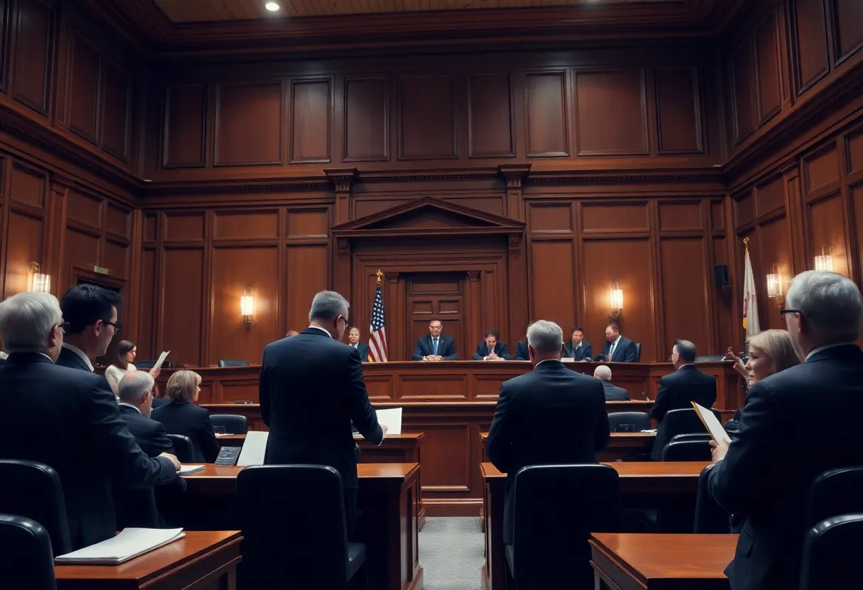 Courtroom scene showing a trial in progress