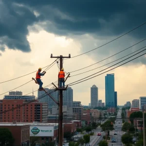 Utility workers in Memphis repairing power lines after a storm.