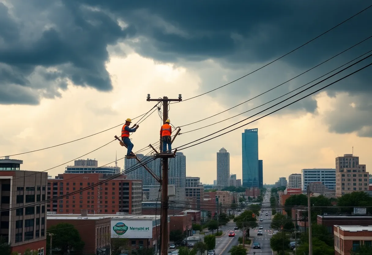Utility workers in Memphis repairing power lines after a storm.