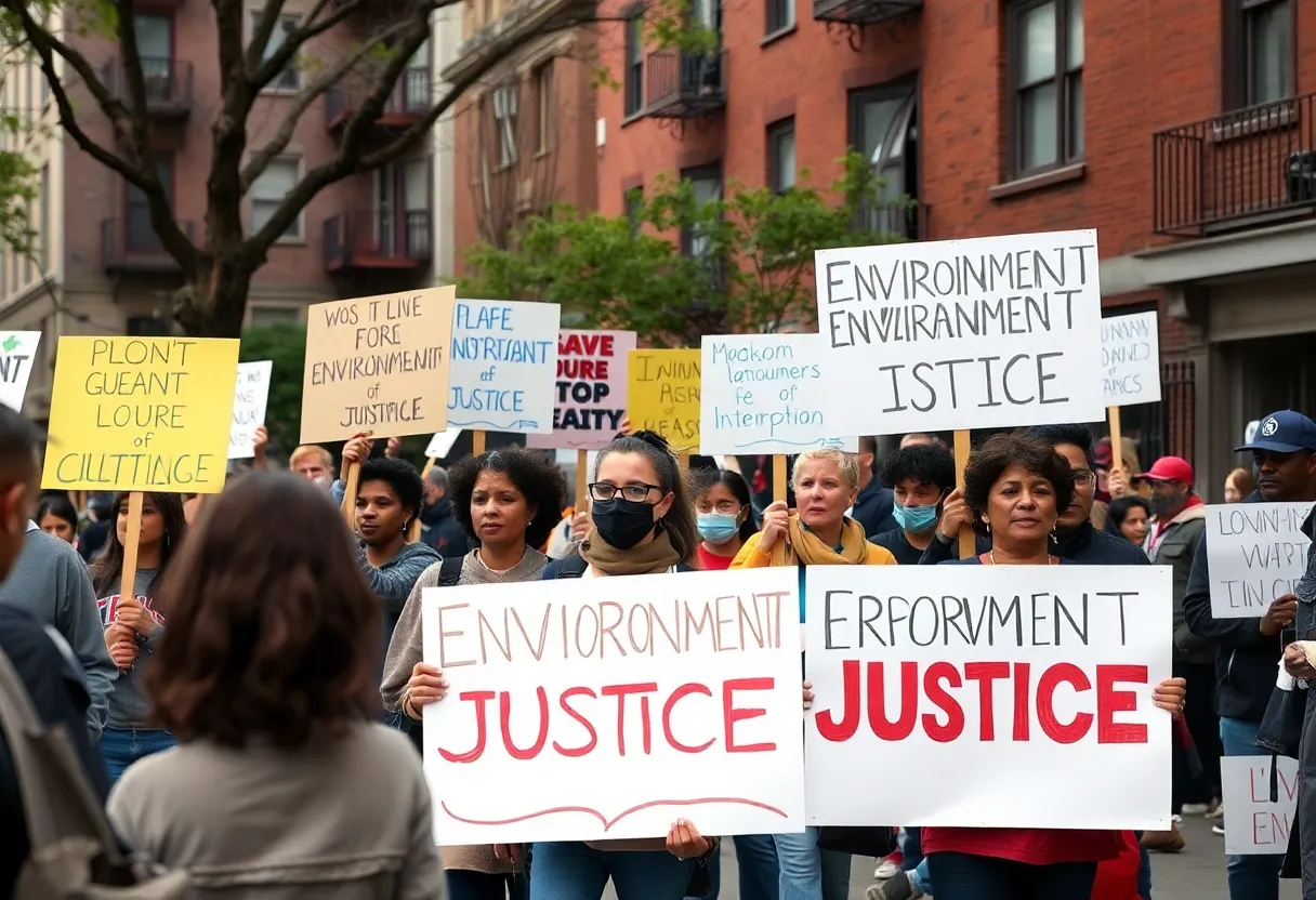 Residents protesting pollution in Memphis, holding signs for environmental justice.