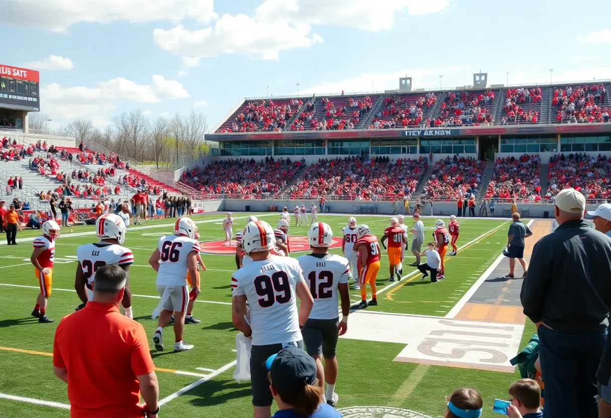 Memphis Tigers football players during spring game at stadium