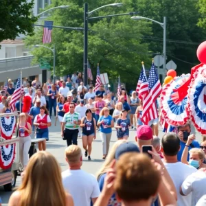 Crowd celebrating at Midtown Memphis Independence Day Parade with colorful floats and decorations.