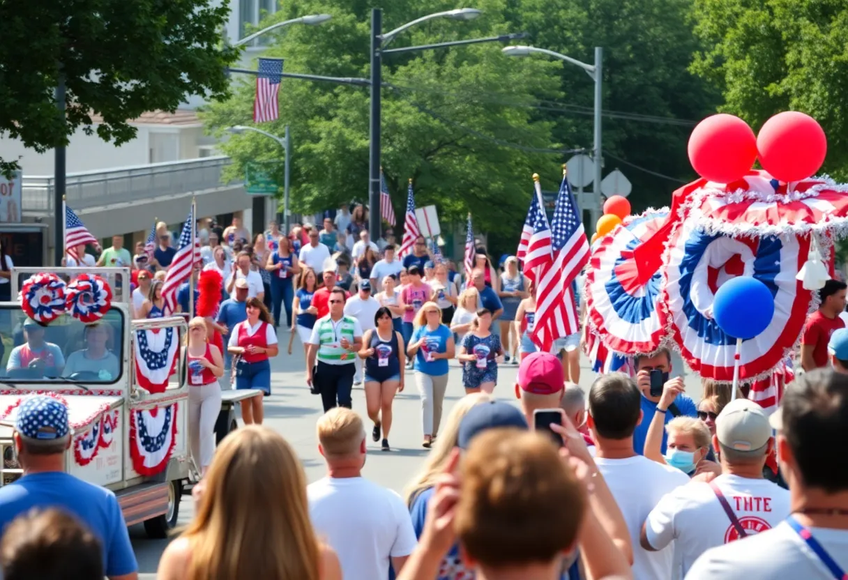 Crowd celebrating at Midtown Memphis Independence Day Parade with colorful floats and decorations.