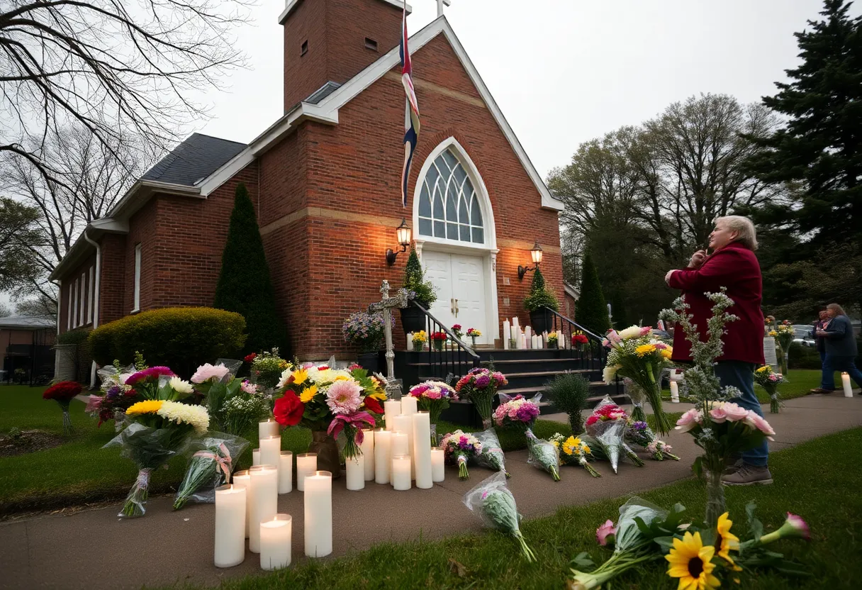 Memorial outside Minneapolis church with flowers and candles