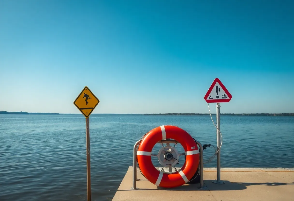 Warning signs and flotation devices near the Mississippi River at Meeman-Shelby Forest State Park