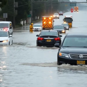 Urban road flooded with vehicles stuck in water