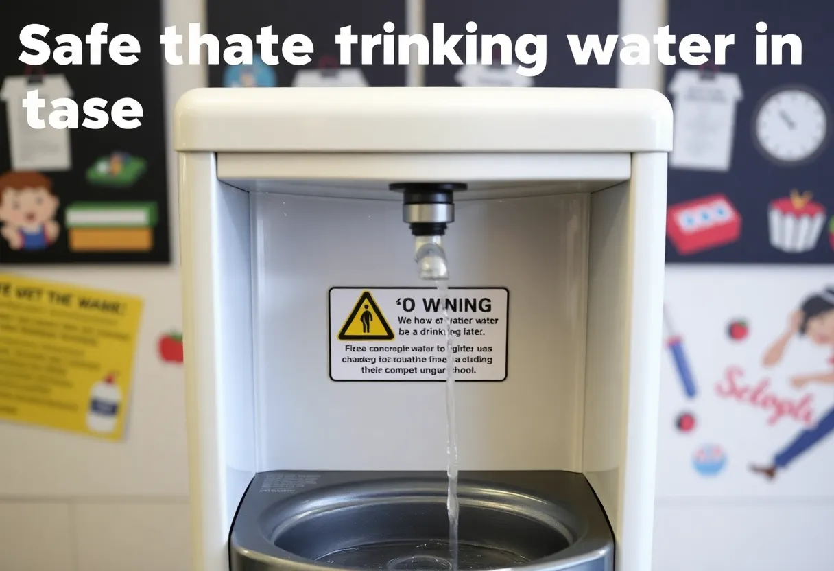 Warning sign at a school water fountain regarding lead safety