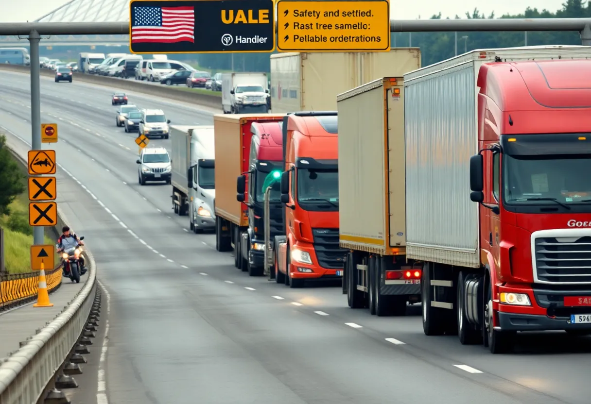Highway with commercial trucks showing safety signs