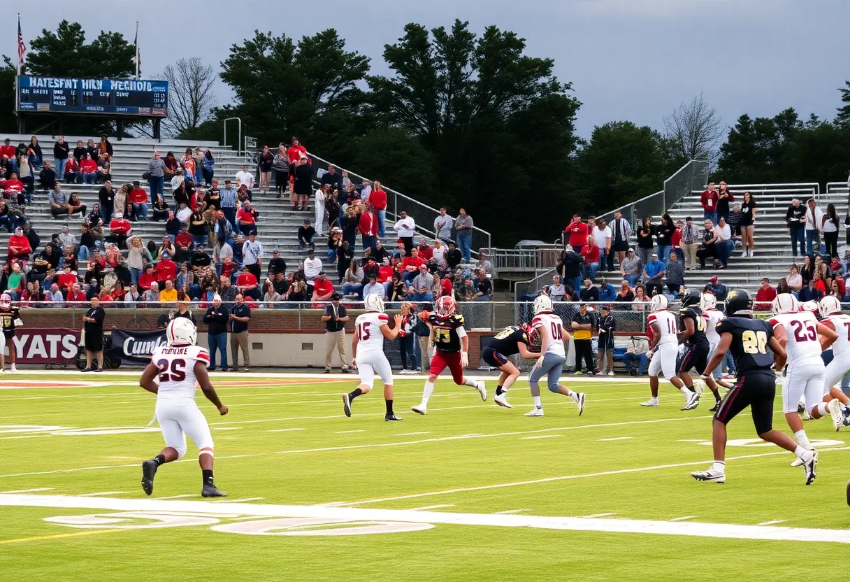 High school football game in Memphis with players and fans