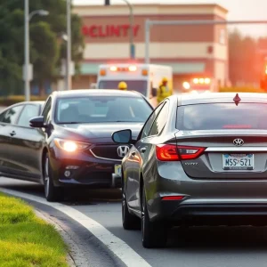 Scene of two-vehicle car crash on Kirby Road with emergency services present.