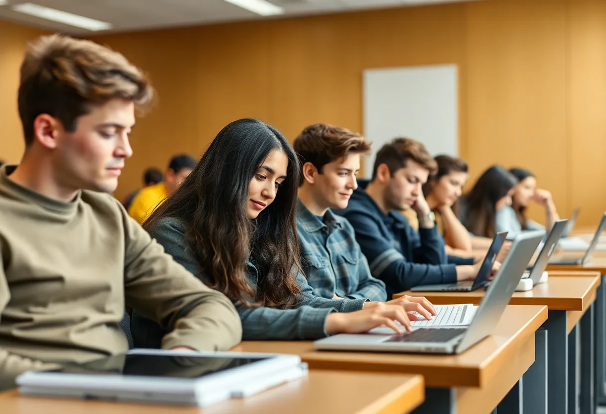 Students learning in a classroom with technology use