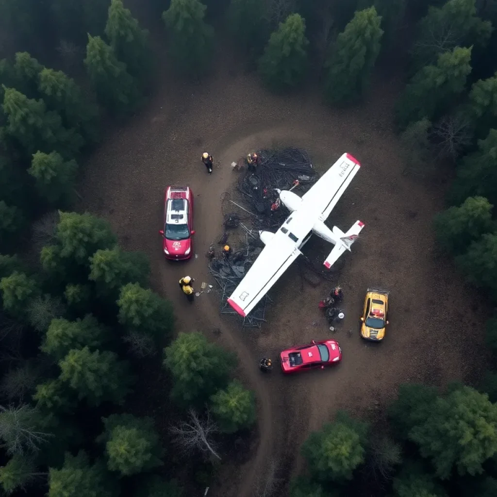 Aerial view of a small plane crash site with emergency responders.