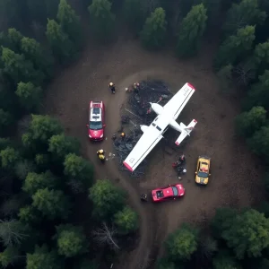 Aerial view of a small plane crash site with emergency responders.