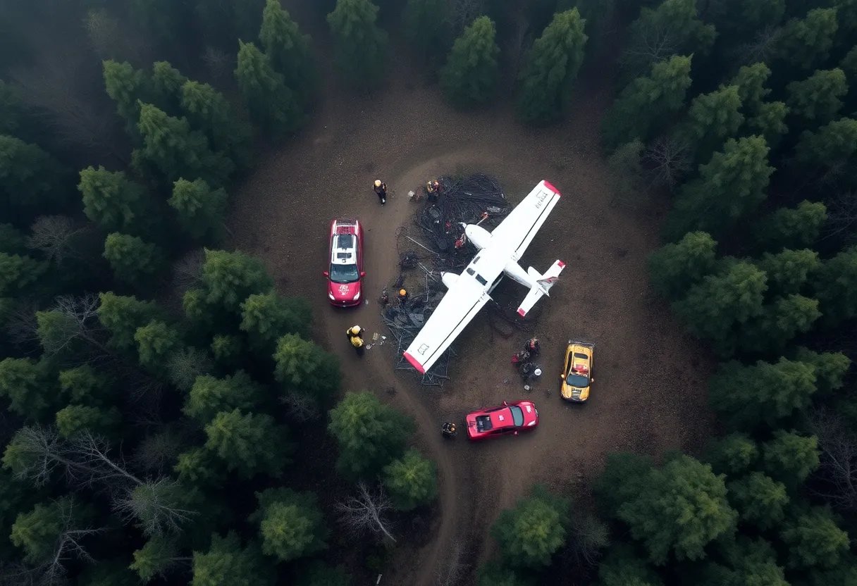 Aerial view of a small plane crash site with emergency responders.