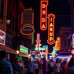 A lively night scene on Beale Street in Memphis, showcasing musicians and the vibrant nightlife.