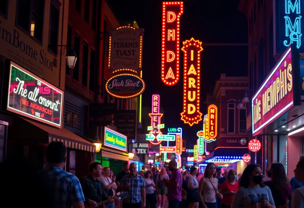 A lively night scene on Beale Street in Memphis, showcasing musicians and the vibrant nightlife.