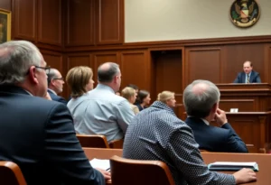 A still of a courtroom with lawyers and jurors during the Brandon Isabelle trial