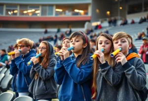 Central High students performing with kazoos at a football game