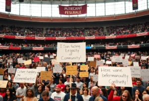Crowd honoring Charlie Kirk at a memorial event with banners.