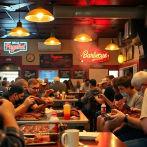 Interior of Charlie Vergos' Rendezvous BBQ restaurant in Memphis