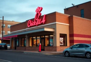 Exterior view of the new Chick-fil-A restaurant in Memphis.