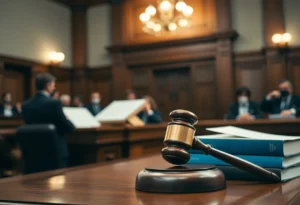 A courtroom environment focused on judicial symbols such as a gavel and legal texts.