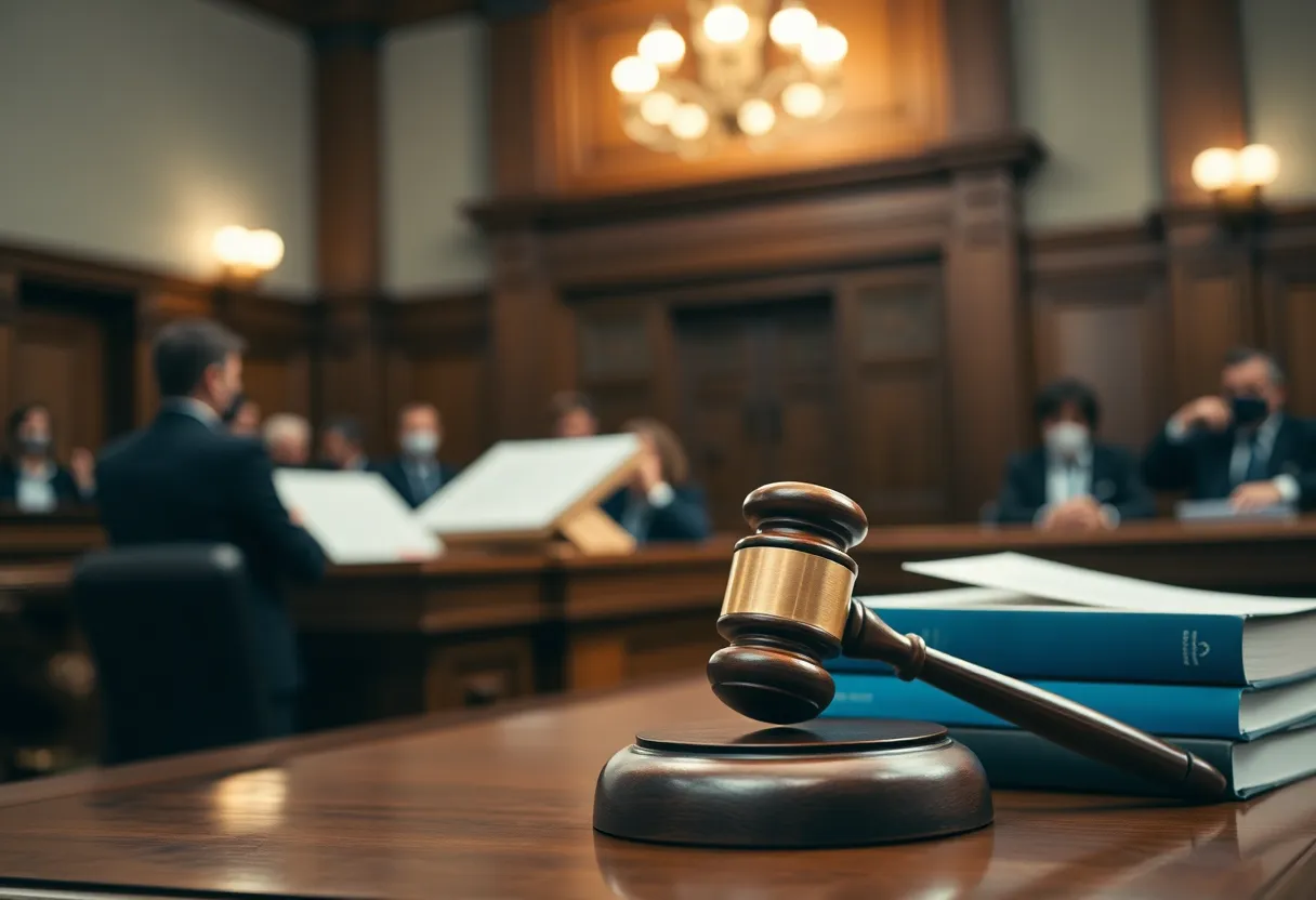 A courtroom environment focused on judicial symbols such as a gavel and legal texts.