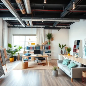 Interior design studio showcasing fabric displays and office area