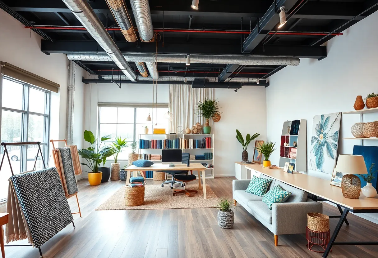 Interior design studio showcasing fabric displays and office area