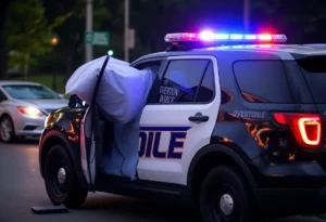 A police vehicle with damage at Overton Park, Memphis