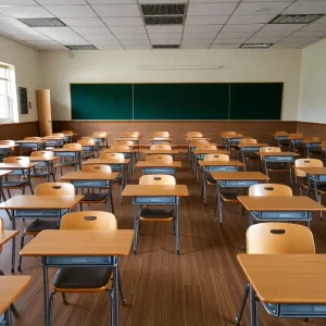 Classroom with empty desks representing school enrollment decline